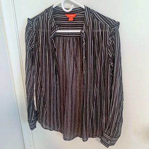 Joe Fresh Button Up Blouse Black & Whites Stripes w/ Mini Shoulder Ruffles XS